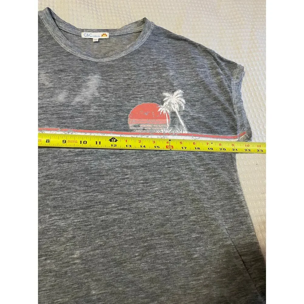 C&C California Heather Gray Palm Tree Cap Sleeve Relaxed Surf Tee Medium - Picture 7 of 9